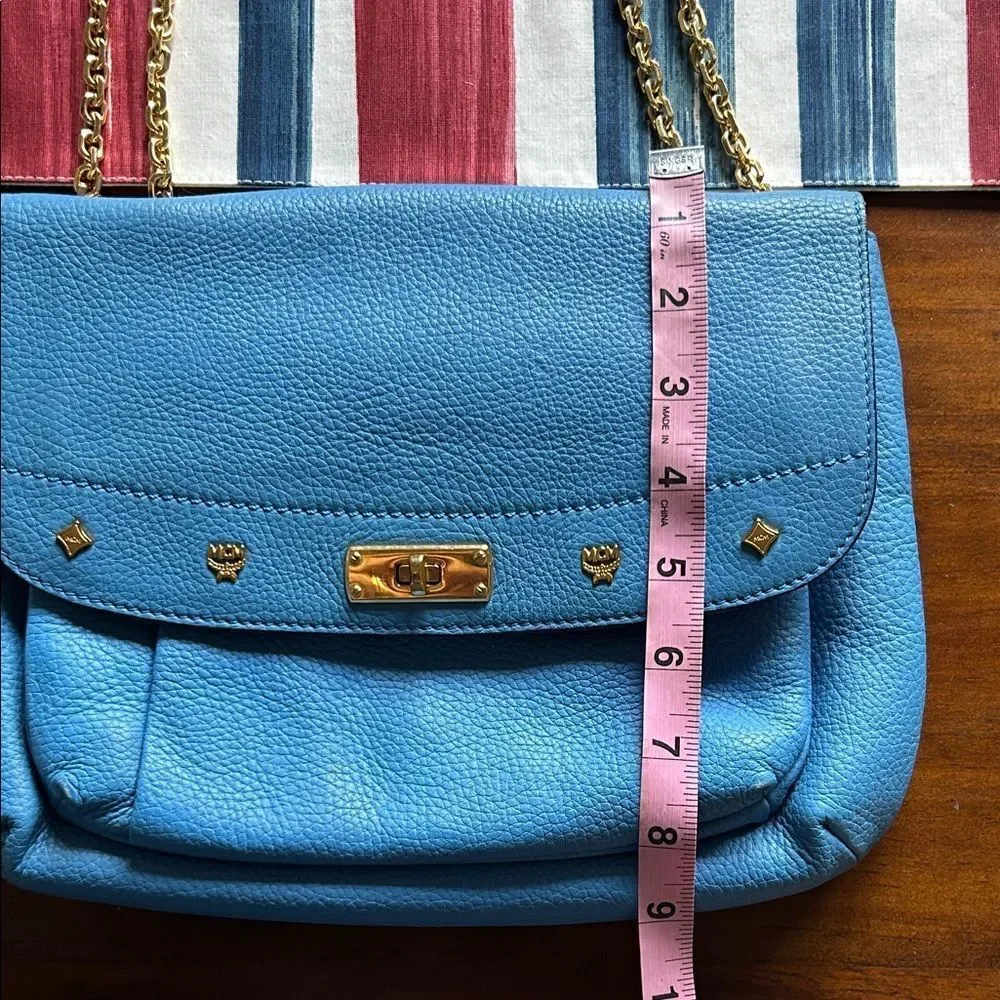 MCM Sky Blue Leather Shoulder Bag with Gold Chain impeccable